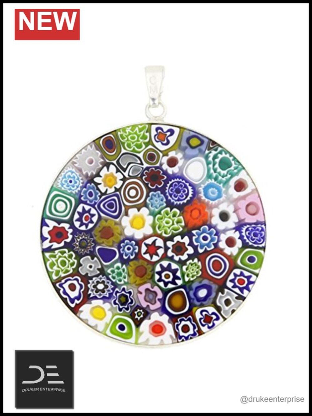 Handmade Murano Glass Millefiori Pendant Necklace with Sterling Silver Frame